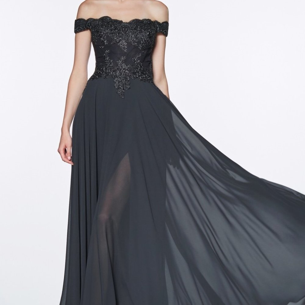 NEW BLACK A-LINE OFF THE SHOULDER LONG CHIFFON GOWN WITH SLIT ON THE SKIRT 7258 - Picture 7 of 8